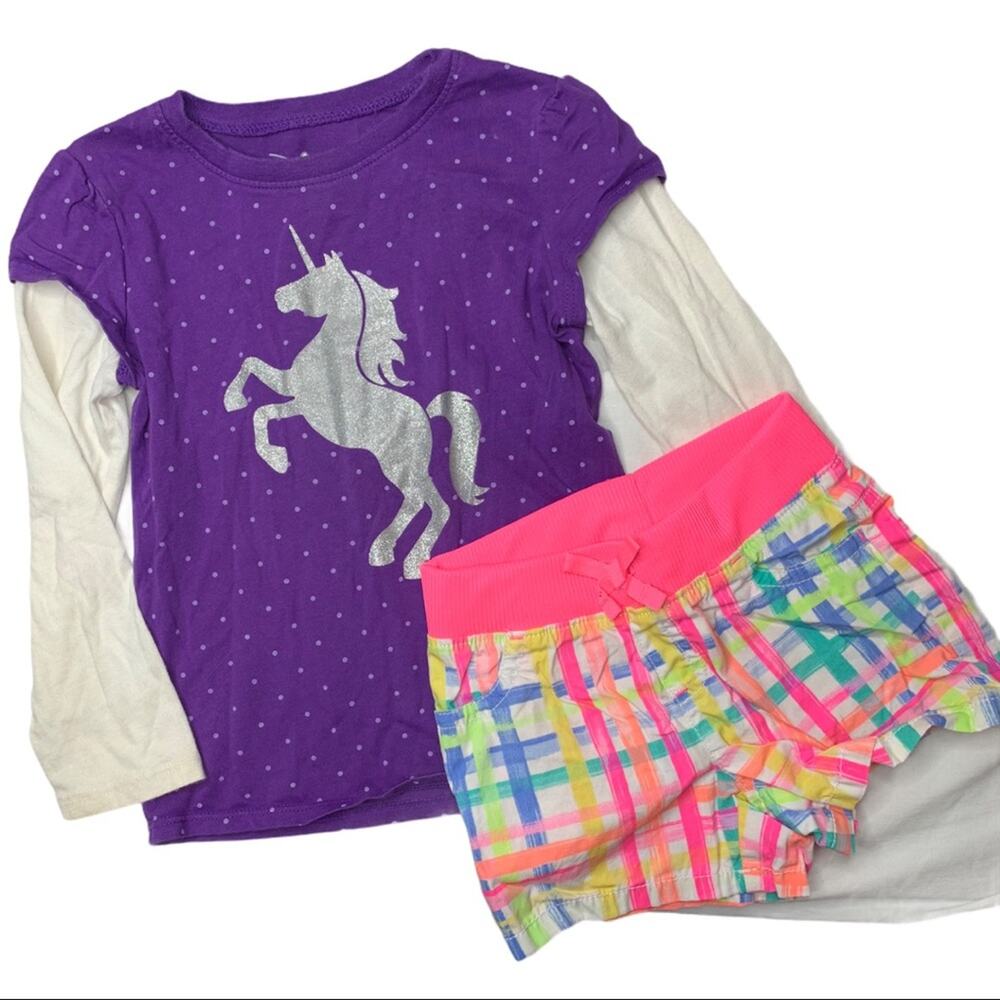 Jumping beans 4 neon plaid shorts and unicorn top